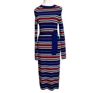 FRANK AND OAK STRIPED KNIT LONG SLEEVE BELTED MAXI DRESS - S